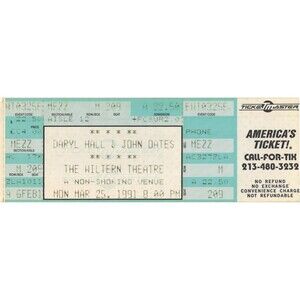Vintage 1991 Hall Oates Complete Ticket Stub Los Angeles CA